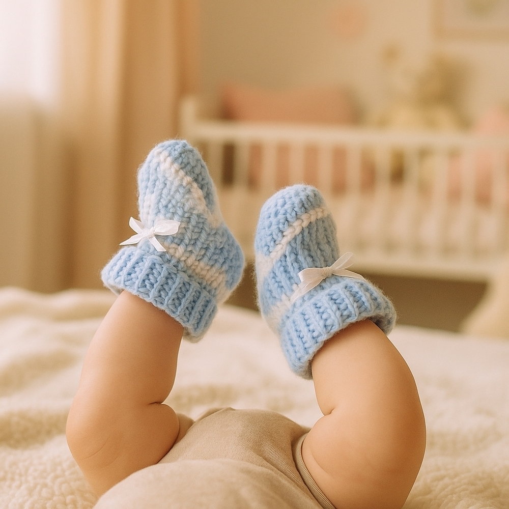Hand Crafted Crochet Baby Shoes Baby Blue and white Tread & Handmade Bow Ribbon